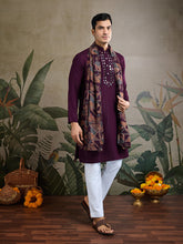 Royal Wine Kurta with Mirror Work and printed Dupatta